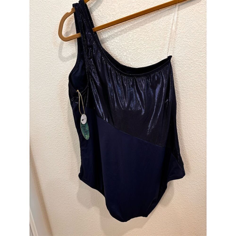 Mynah Women's One-Shou'lder Blue Swimsuit 18W Tummy Panel Medium Coverage
